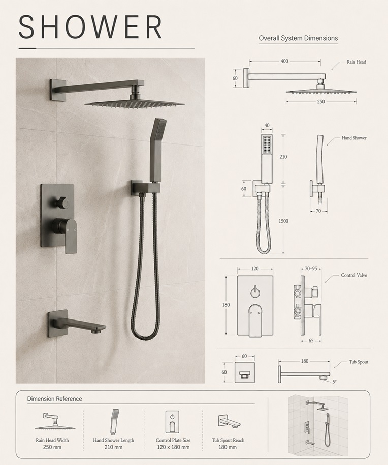 Rain shower head and complete rain shower system overall-dimensions drawing